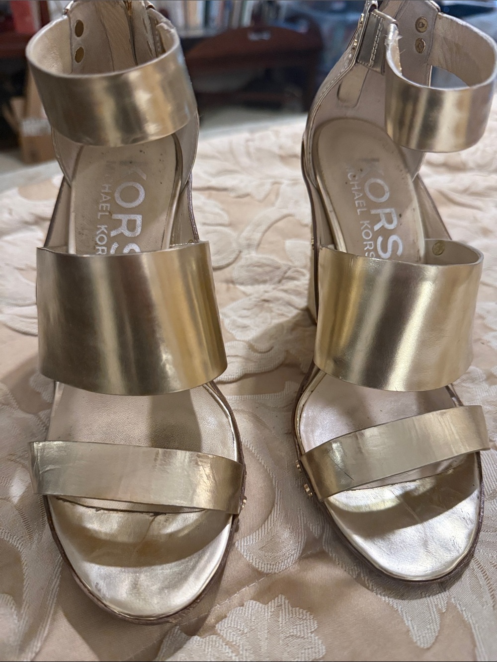 Michael Kors Metallic Gold Leather Block-Heel Sandals